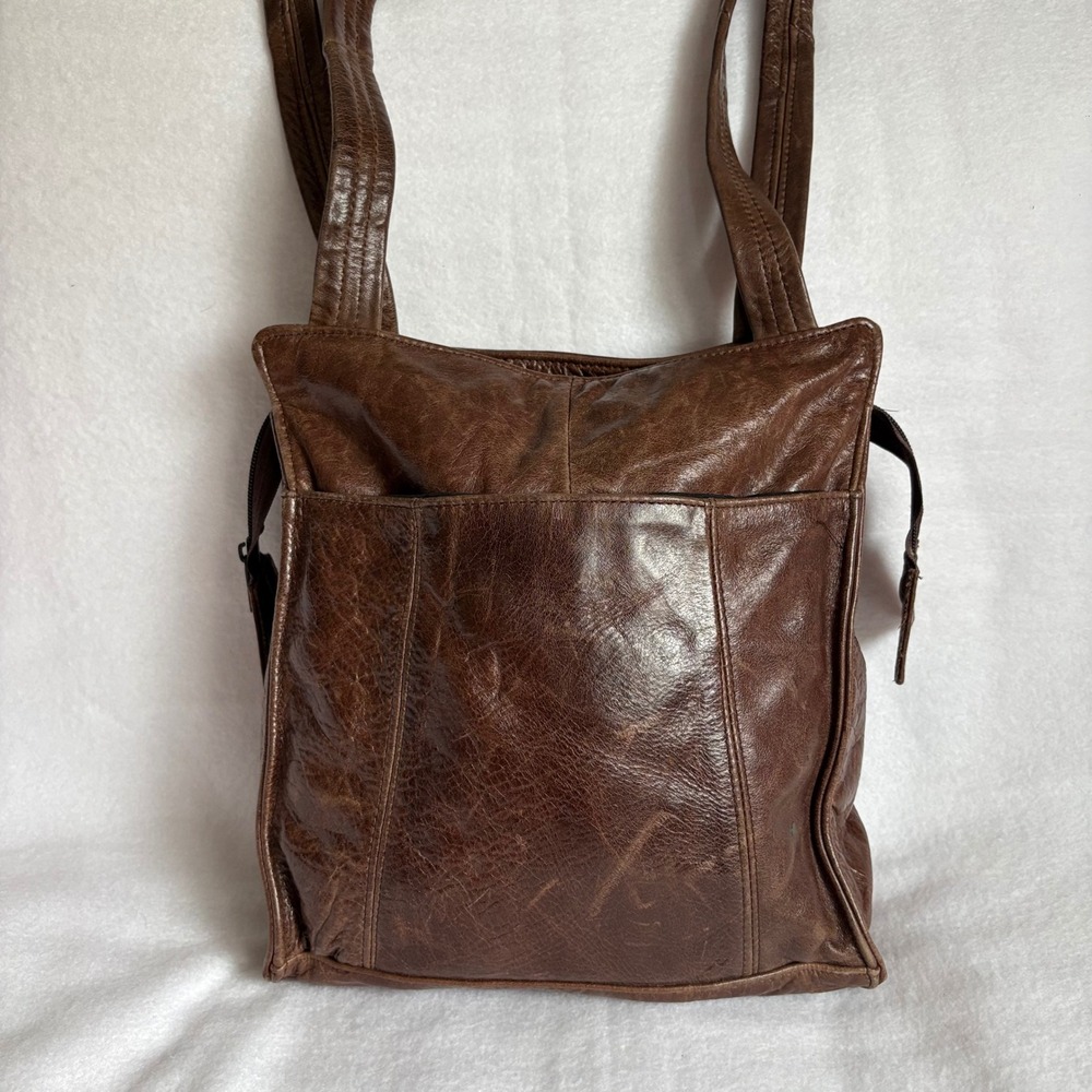 Vintage Brown Distressed Leather Shoulder Bag Tote Zip Pocket Everyday Purse